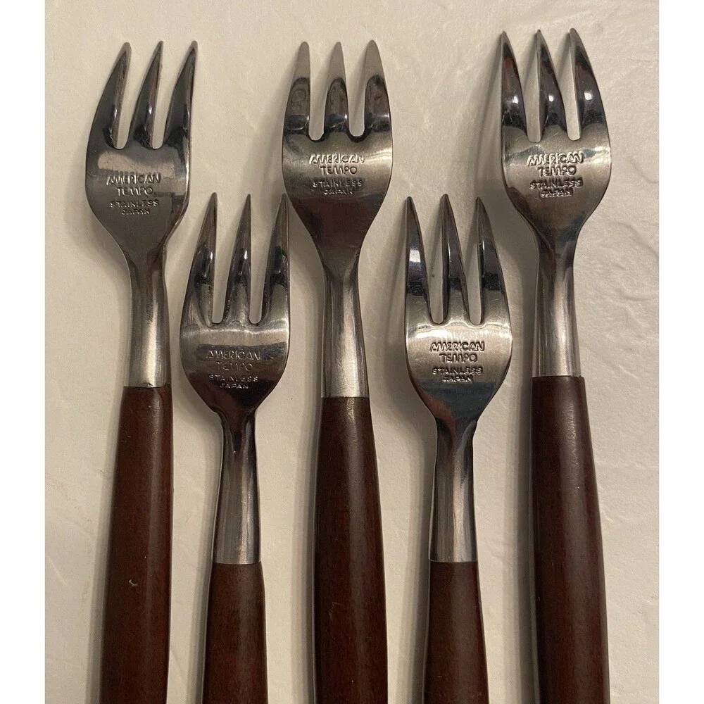 5) MCM AMERICAN TEMPO Oyster Forks Stainless Wood Handle Silverware Flatware